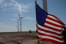 flag and wind turbines